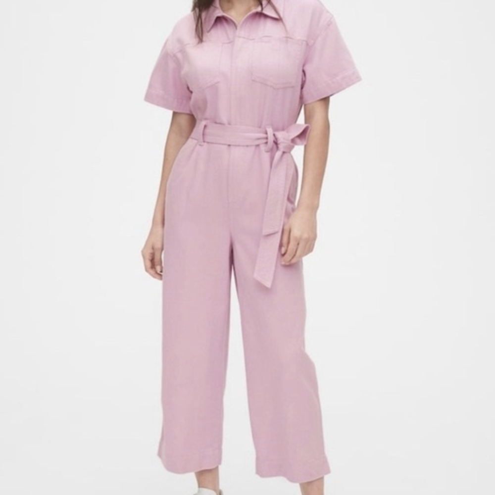 GAP utility tie jumpsuit in fragrant lilac